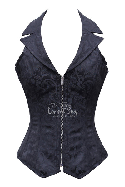 Lindsi Black Brocade Overbust Corset With Zip Front