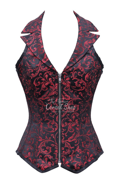 Odessa Black Red Brocade Overbust Corset With Zip Front