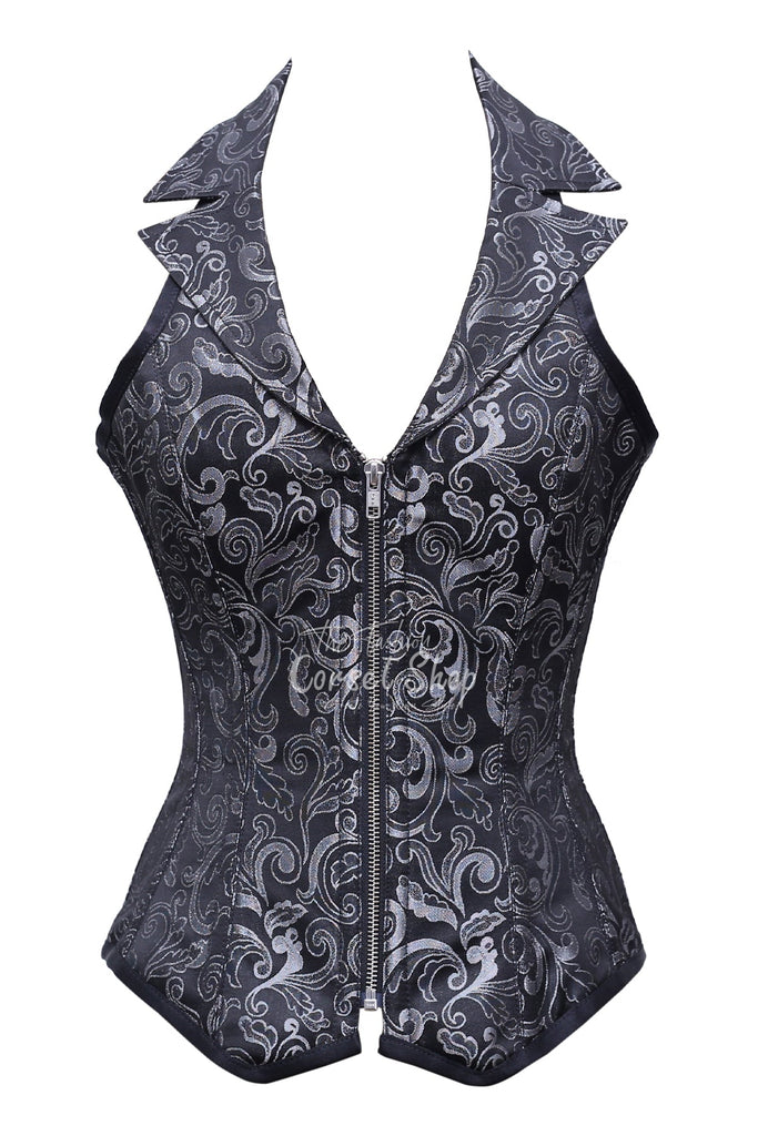Paltrow Black Silver Brocade Overbust Corset With Zip Front