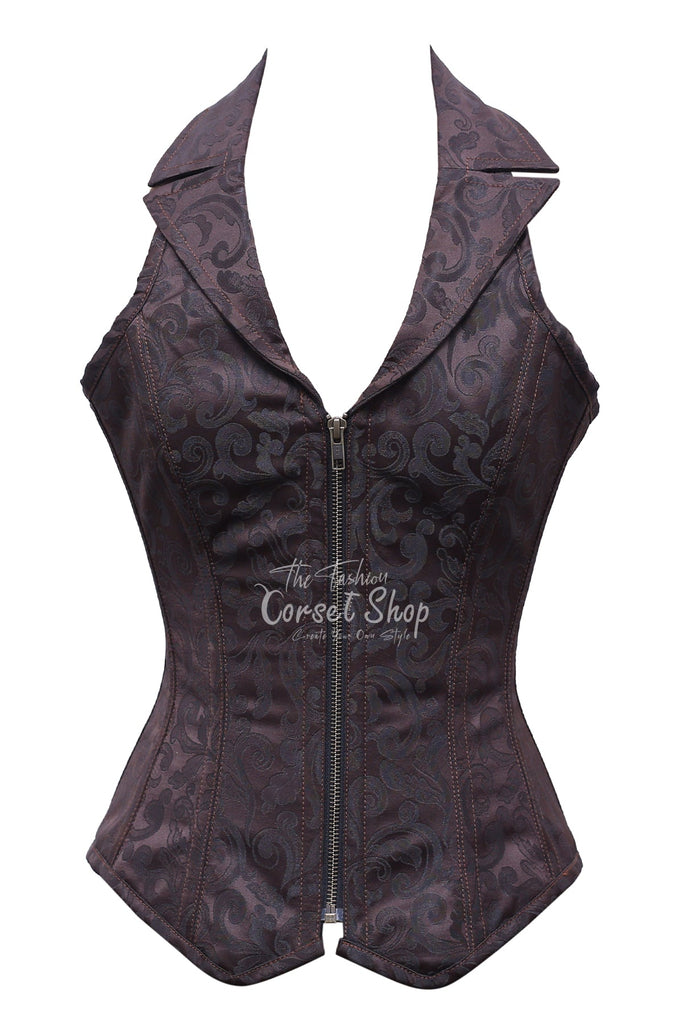 Drescher Coffee Black Brocade Overbust Corset With Zip Front