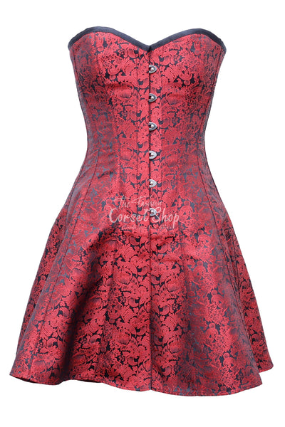 open lace back dress Red Brocade Black Suede Waist Reducing Underbust Corset Dress – Corset  Revolution main image 0