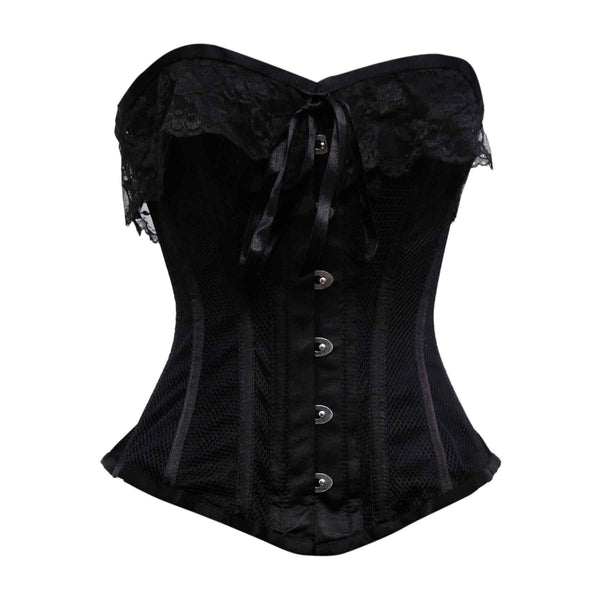 Thaith Black Mesh & Satin Lace Steel Boned Overbust Corset