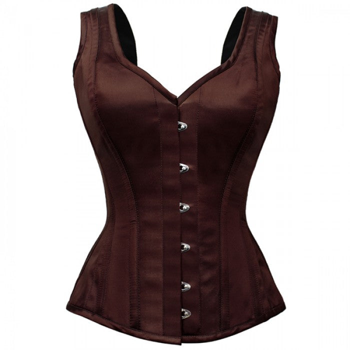 Neveah Brown Satin Shoulder Straps Overbust Steel Boned Corset