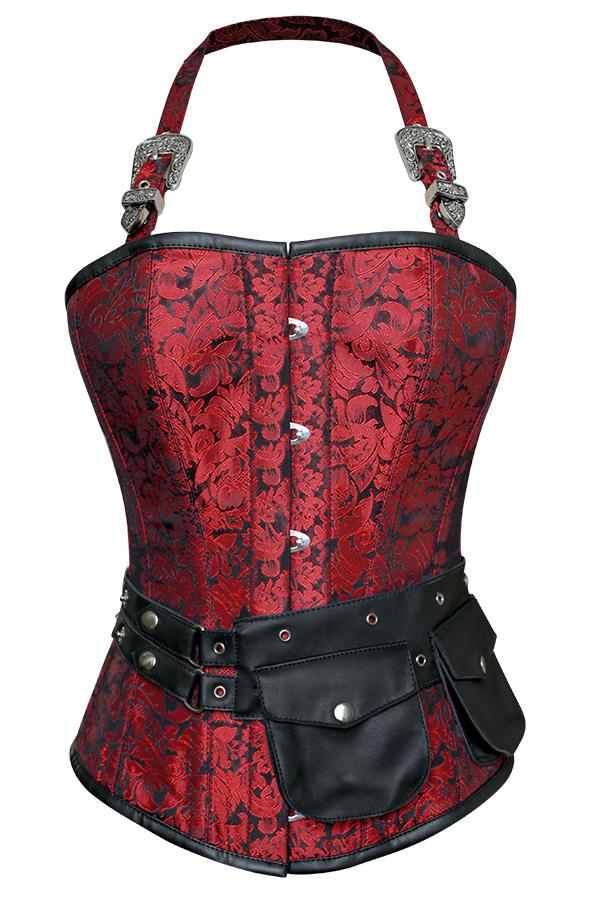 Zeta Red Corset with Strap and Faux Leather Pouch