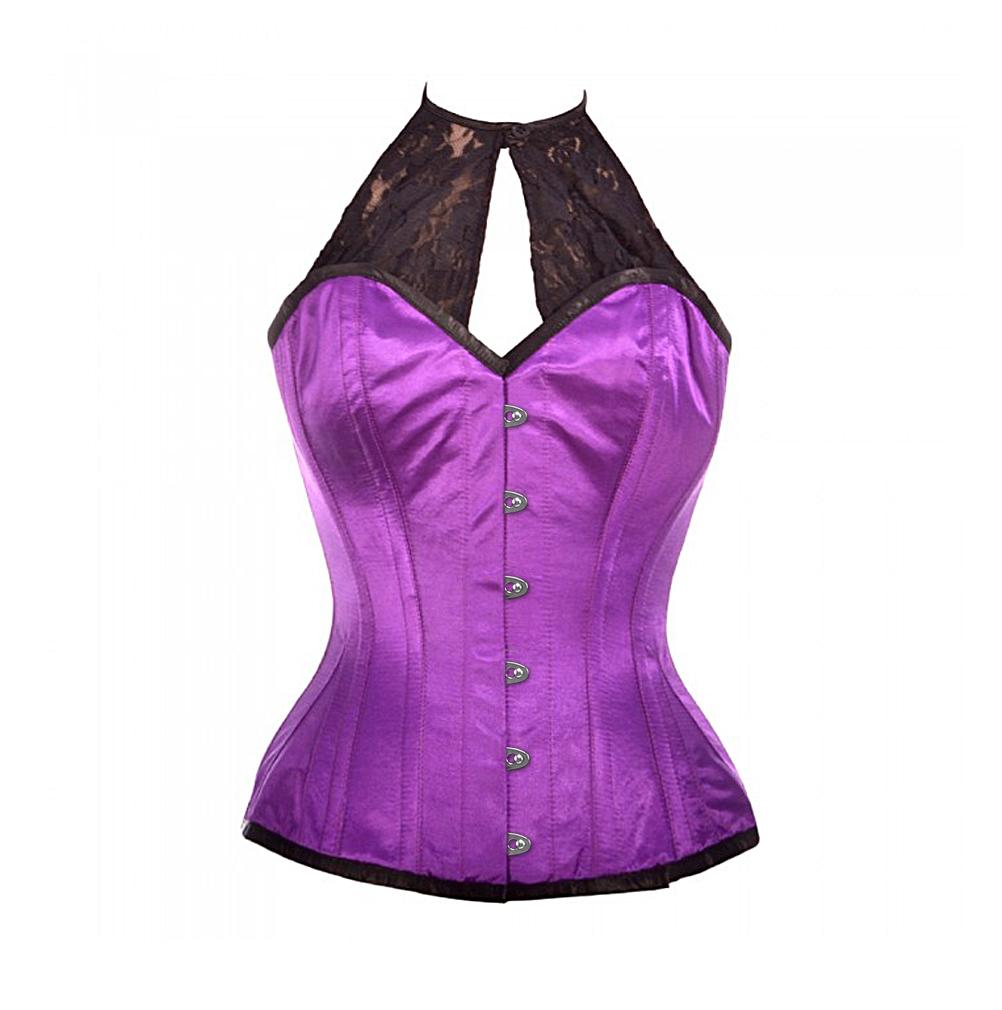 Perry Purple Satin Corset with Lace Halterneck