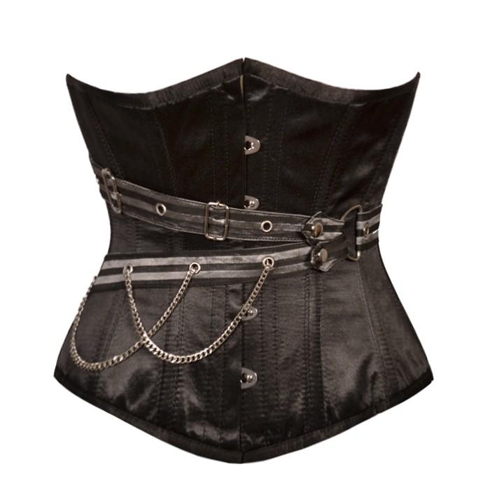 Jason Black Satin Underbust With Belt & Chain Detail