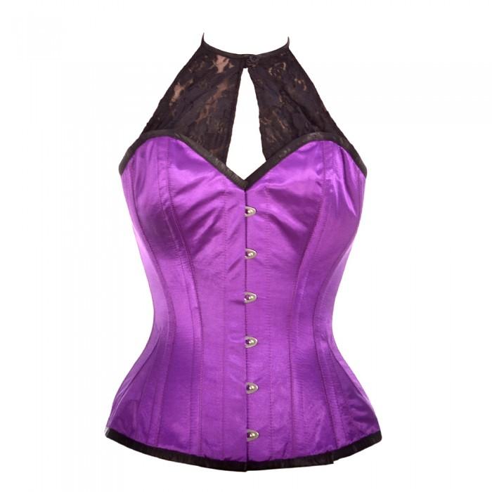 Adiilyn Purple Satin Corset with Lace Halterneck