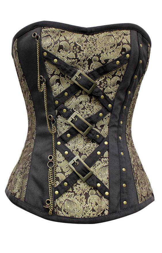Elctra Gold Black Brocade Corset With Chain