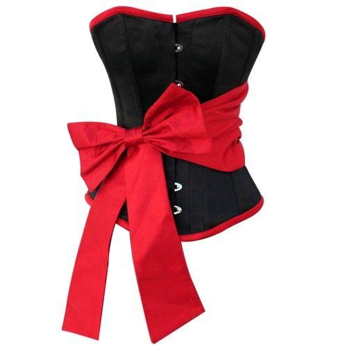 Chelsi Black Overbust Corset With Red Sash Bow