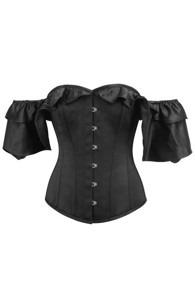 Caoimhe Black Satin Corset With Off The Shoulder Frilled Sleeves