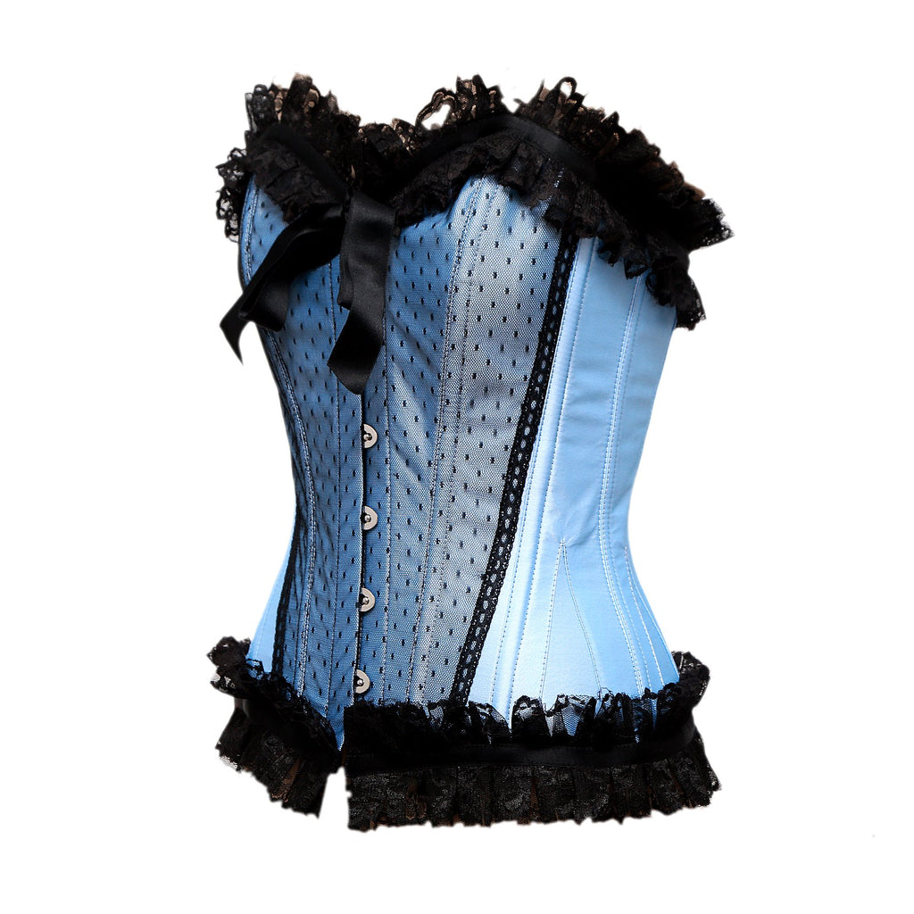 Black Satin Edwardian Longline Overbust Corset with Lace Overlay panels